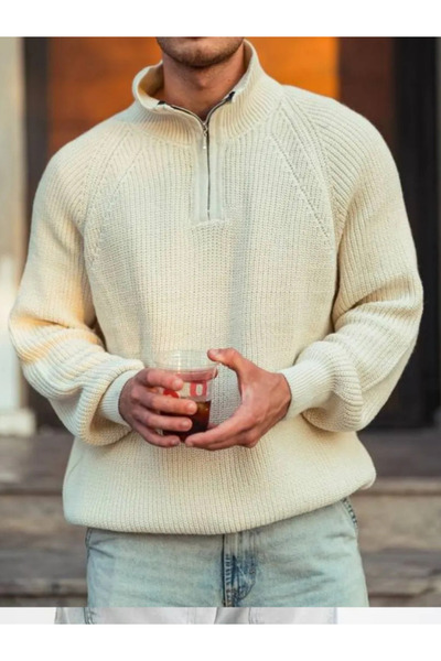 Genel Markalar Bej Erkek Oversize Yarım Fermuarlı Triko Kazak