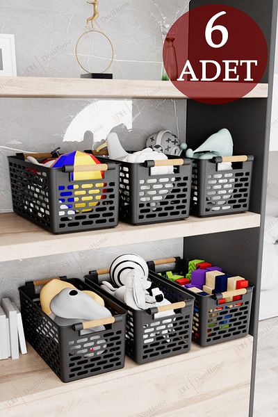 DOVİHOME Комплект органайзери за кошници от 6 части, черна кошница с дървена дръжка, многофункционален
