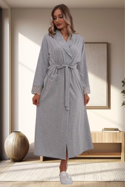 Lohussa Women's Gray Design's Lace Pocket Belted Cotton Large Size (Oversize) Dressing Gown