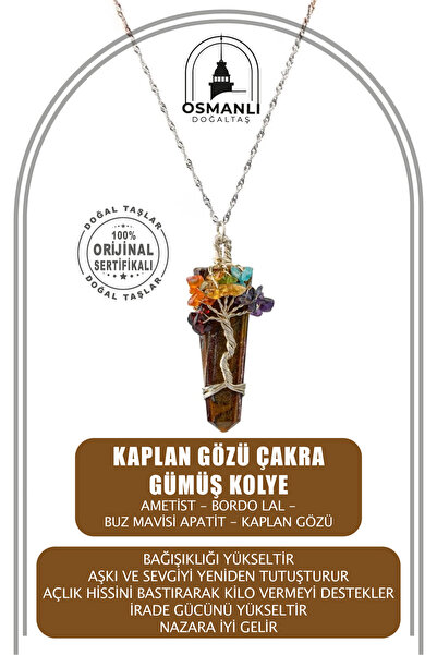 OSMANLI DOĞAL TAŞ Kaplan Gözü Çakra Gümüş Kolye Kaplan Gözü