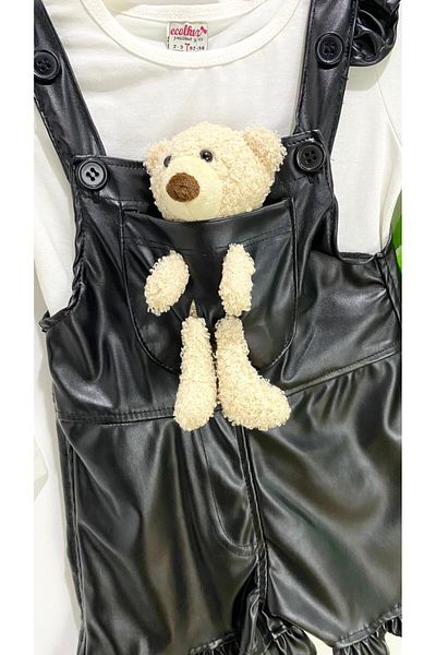 Sinem Çeyiz Ecol Girl 1261 - Leather Shorts Salopet Jumpsuit with Teddy Bear and Ruffles. Mascot and Sock Gift Included