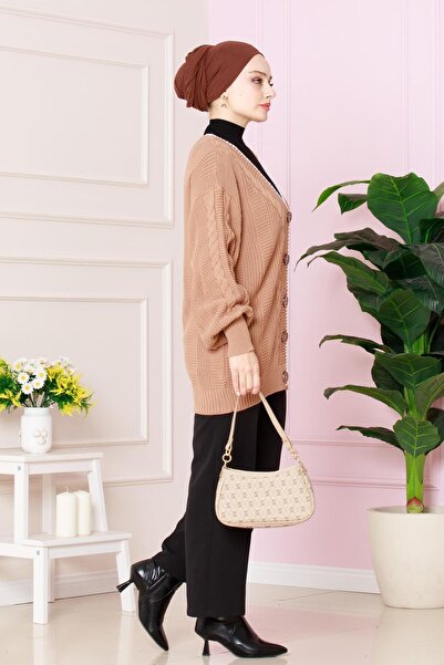 Sevitli Camel Shepherd's Stitched Cardigan