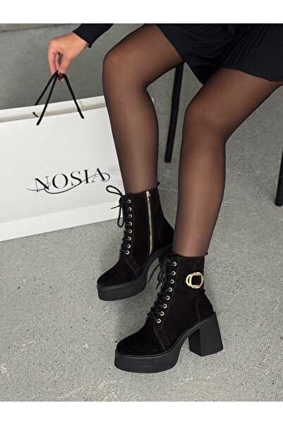 nosia fashion حذاء نسائي أسود من جلد الغزال الأصلي برباط وسحاب وإبزيم مفصل وك...