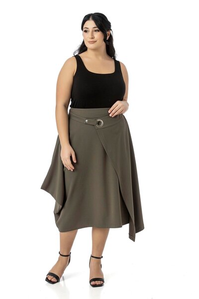 DISENTIS MODEST Plus Size Asymmetrical Cut Eyelets Detail Single Pocket Midi Khaki Skirt