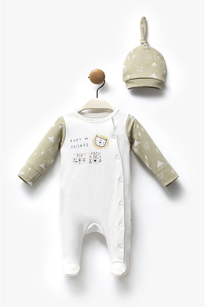Moi Noi Green Cat Print Romper for Baby Boy - 100% Cotton with Booties Hat