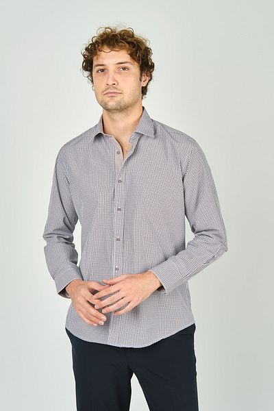 De Leone Мъжка риза с дълъг ръкав Slim Fit на каре, 100% памук, 2060, кафява