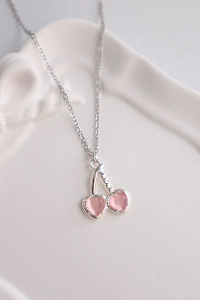 EFBUTİK Pink Cherry Imported Necklace with Silver Color Chain