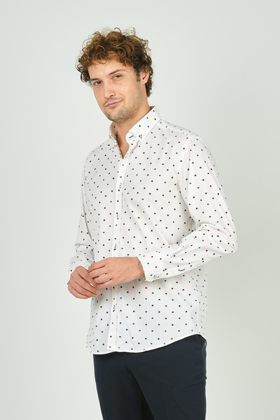 De Leone Екрю Чоловіча сорочка з довгими рукавами та візерунком, slim fit, бавовна 2041