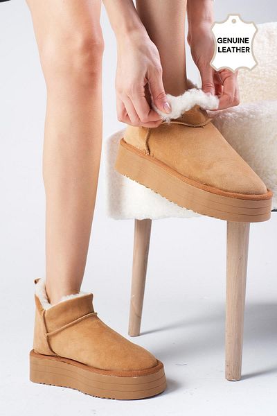 Mio Gusto Bronte Genuine Suede Tan Color Women's Platform Sole Boots