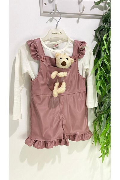 Sinem Çeyiz Ecol Girl 1261 - Leather Shorts Salopet Jumpsuit with Teddy Bear and Ruffles. Mascot and Sock Set