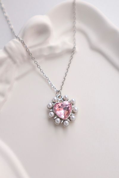 EFBUTİK Silver Color Chain Pink Heart Pearl Detail Imported Necklace