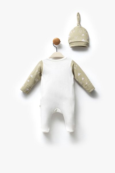 Moi Noi Green Cat Print Romper for Baby Boy - 100% Cotton with Booties Hat
