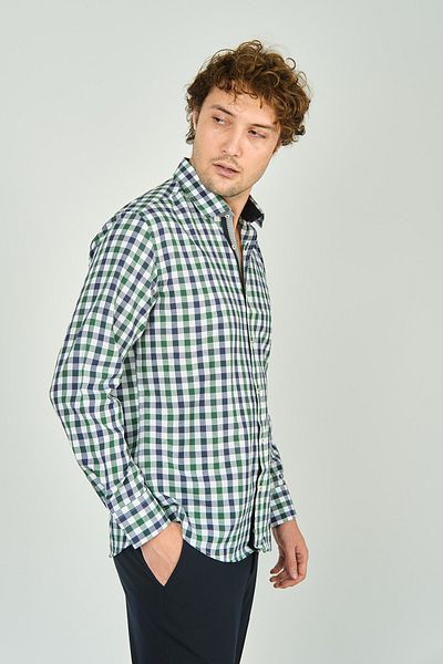 De Leone Ανδρικό πουκάμισο Slim Fit καρό μακρυμάνικο 100% βαμβάκι 2240 πράσινο