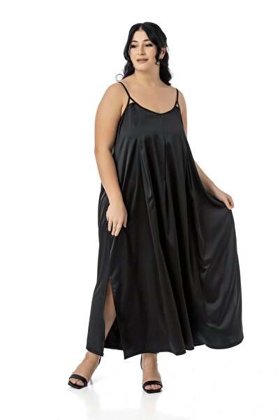 DISENTIS MODEST Plus Size Adjustable Thin Straps Deep Pleat Detail Slit Satin Long Black Dress
