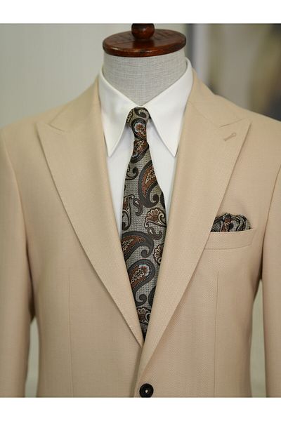 LONATOLİA Men's Slim Fit Italian Style Beige Jacket - Mono Collar, Bag Pocket, Punto Stitching, Unlined