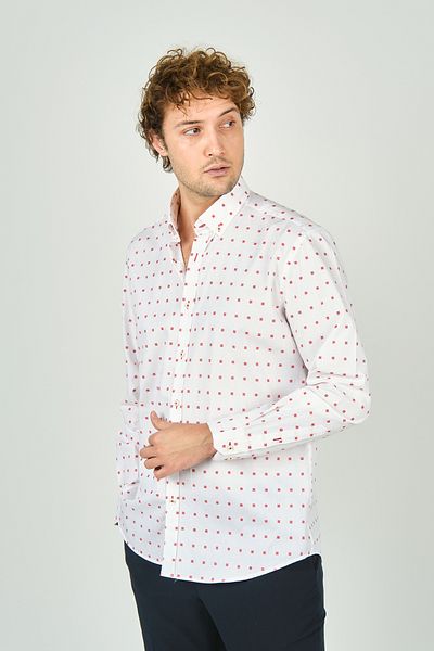 De Leone Men's Slim Fit Long Sleeve Print 100% Cotton Shirt 2043 Red