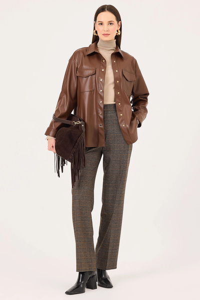 SEÇİL Seçil Women's Faux Leather Shirt with Snap Button Pocket Detail 0017 Brown