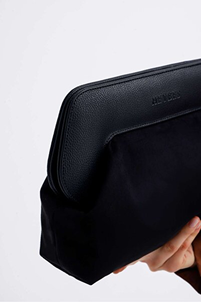 HEYBE'S Heybes Women's Black Leather Detailed Suede Clutch Handbag
