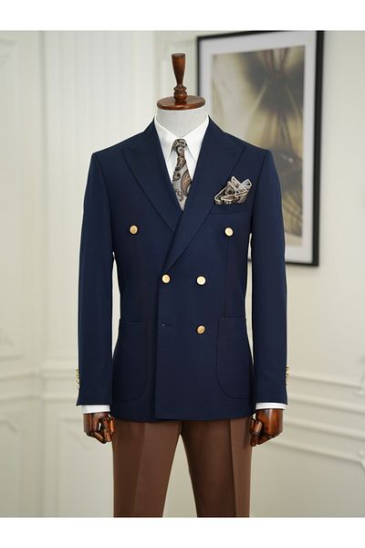 LONATOLİA Men's Italian Style Slim Fit Punto Stitching Double Breasted Jacket - Navy