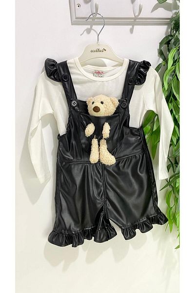 Sinem Çeyiz Ecol Girl 1261 - Leather Shorts Salopet Jumpsuit with Teddy Bear and Ruffles. Mascot and Sock Gift Included