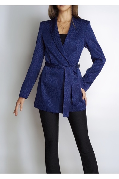 oyagüler Women's Dark Blue Lined Birded Jacquard Patterned Satin Jacket Yy 10...