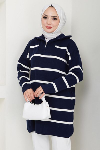 hafsamina Navy Blue Striped Zippered Knitwear Tunic - Hm2594