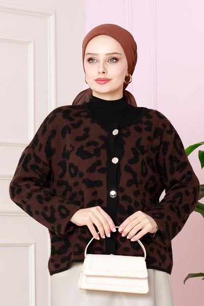 Sevitli Cardigan scurt cu imprimeu leopard maro