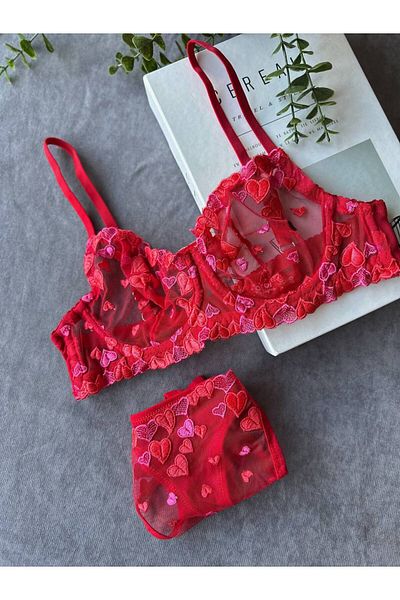 ARONA LOVE Red Heart Brode Bra Suit