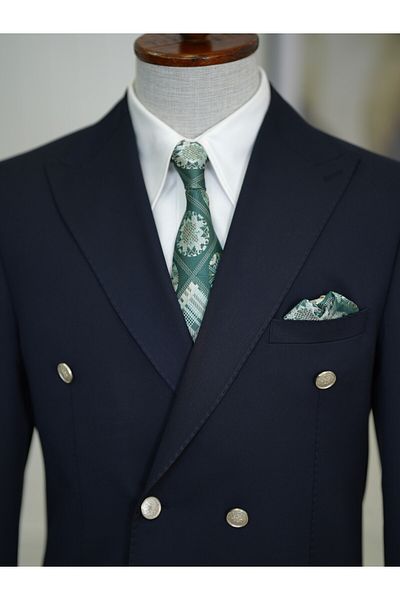 LONATOLİA Men's Premium Italian Style Slim Fit Punto Stitched Bag Pocket Half Lined Double Breasted Jacket - Navy