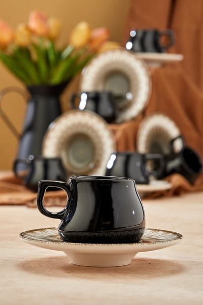 Babion Luxury Ceramic 12-Piece Coffee Cup Set for 6 People, Black Cup Set