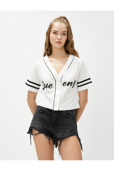 Koton Detail tištěné stuhy trička s výstřihem do V