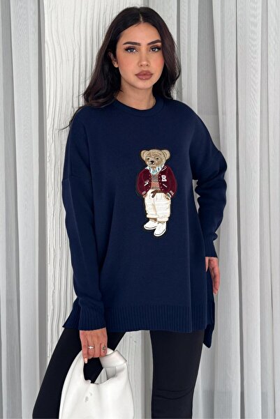 ZISHAN Pulover din tricot cu ursuleț cu aplicație - fante laterale, gât crew,...