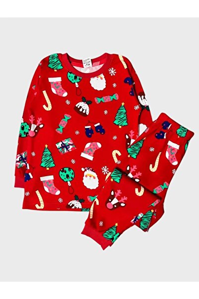 elmas kids Yılbaşı Temalı Şeker Desenli Kırmızı Yumuşak Çocuk Pijama Takımı