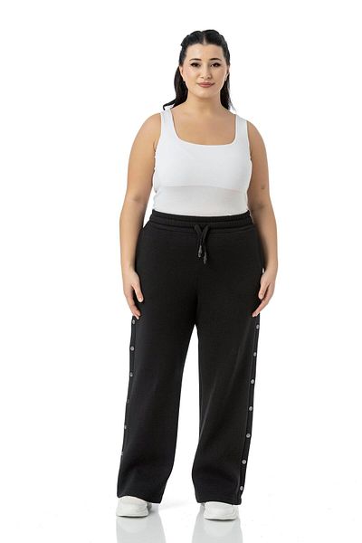 DISENTIS MODEST Plus Size Black Sweatpants with Elastic Waist and String Drawstring Sides with Ornamental Snap Detail