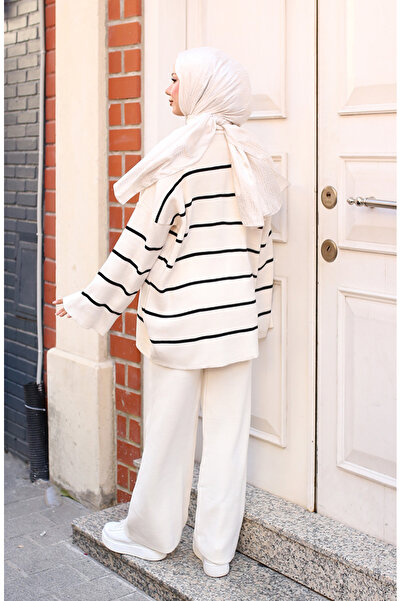 sefamerve 3083-03 Ecru Striped Knitwear Set