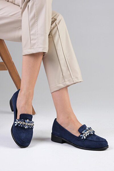 Mio Gusto Matilda Lacivert Renk Taşlı Kadın Oxford Düz Ayakkabı