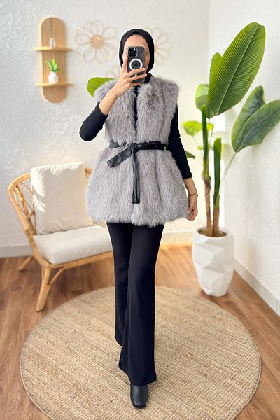 Salih Çelebi Belted Plush Vest 24113 - Gray