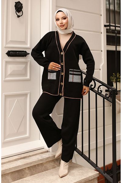sefamerve Black Knitwear Set - Pocket and Cardigan 24116-02