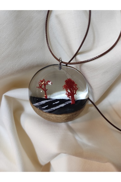 Simeranya Dekor Kestane Ahşap, Epoksi - Dünya Bir Yol Tasarımlı Kolye
