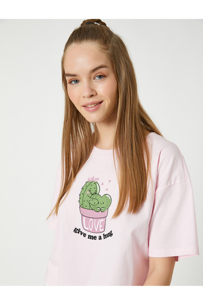 Koton Crop T-shirt με στάμπα με λαιμόκοψη κοντό μανίκι