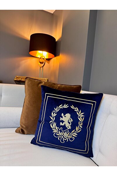 ref crea Husă de pernă cu simbol al leului regal brodat în albastru bleumarin...