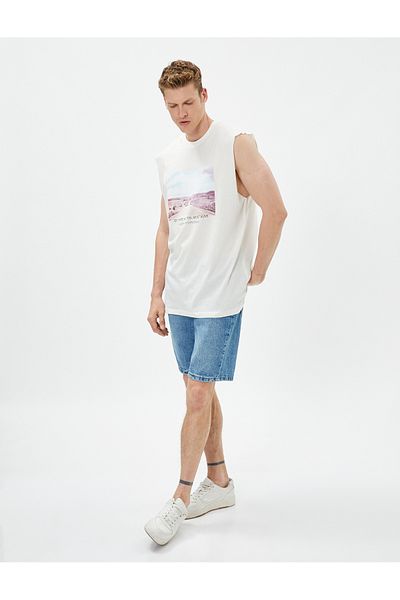 Koton Undershirt Slogan Printed Wide Sleeve Cut Crew Neck Cotton