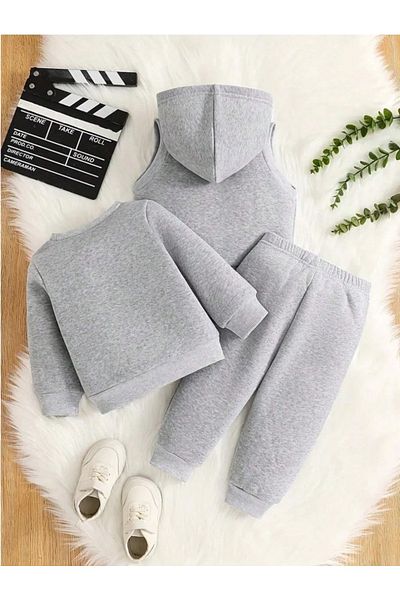 MORNİNG KİDS Boy's 3-Pack Gray Bear Printed Zippered Vest Sweatshirt Tracksuit Set