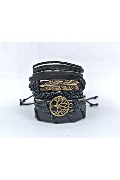 BSN Tree of Life Feather Antique Bronze Color Genuine Leather Bracelet 5 Pieces