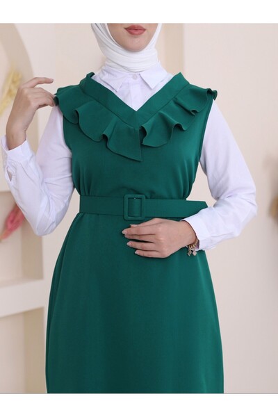 Modamorfo Dlouhé přepásané šaty s výstřihem do V - smaragdové