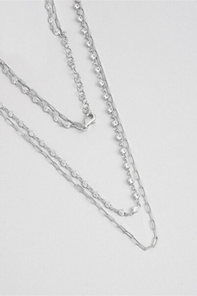 So CHIC... Beyaz Taşlı 18 Ayar Beyaz Altın Kaplama 45 Cm Gümüş İkili Kolye