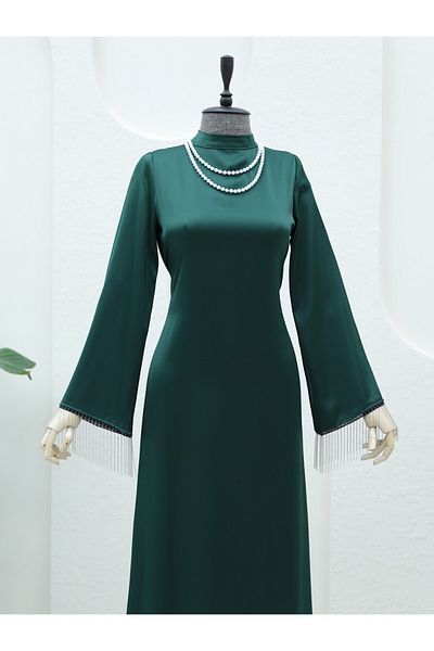 Modamorfo Rochie de culoare smarald - Manșetă cu mâneci cu șireturi la spate și cu lanț