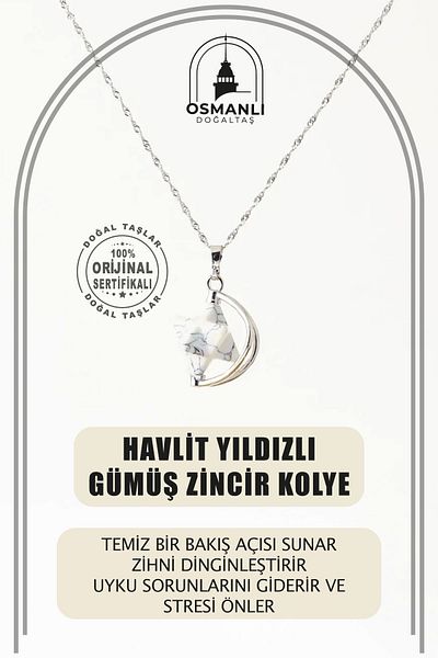 OSMANLI DOĞAL TAŞ Howlite Natural Stone Star Necklace, Silver Chain