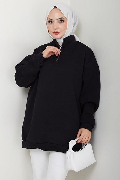 hafsamina Zippered 3 Thread Raised Stand Collar Sweatshirt Tunic Black Hm2650