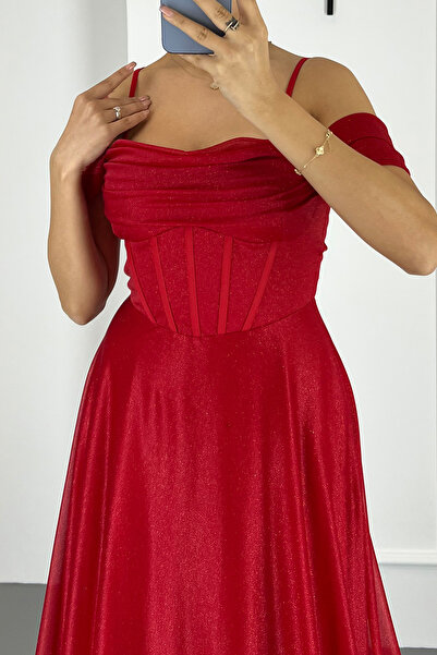 Lafaba Női piros pántos ezüstös hosszú, kiszélesedő estélyi ruha